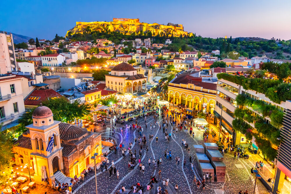 View of Athens' Acropolis at dusk