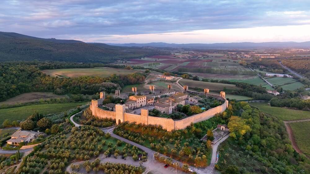 drone view of a medieval town in Tuscany, Italy