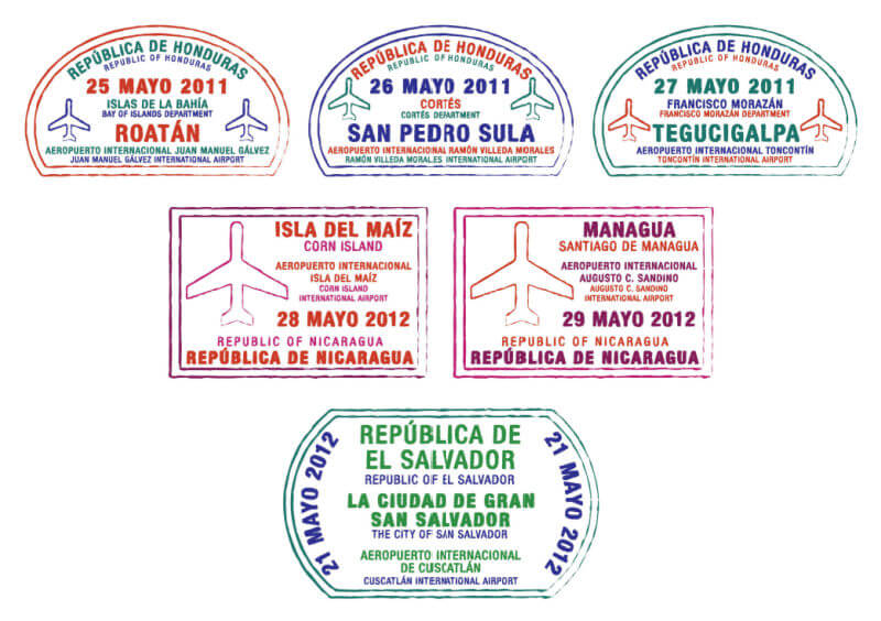 passport stamps from Hondurans Nicaragua, Guatemala, and El Salvador