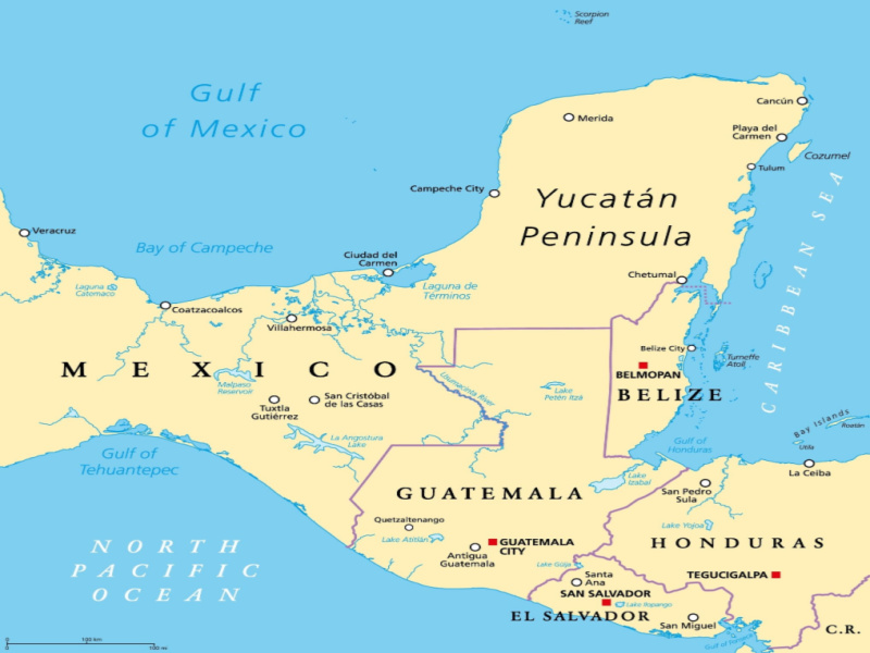 map of Central America with Guatemala Belize border