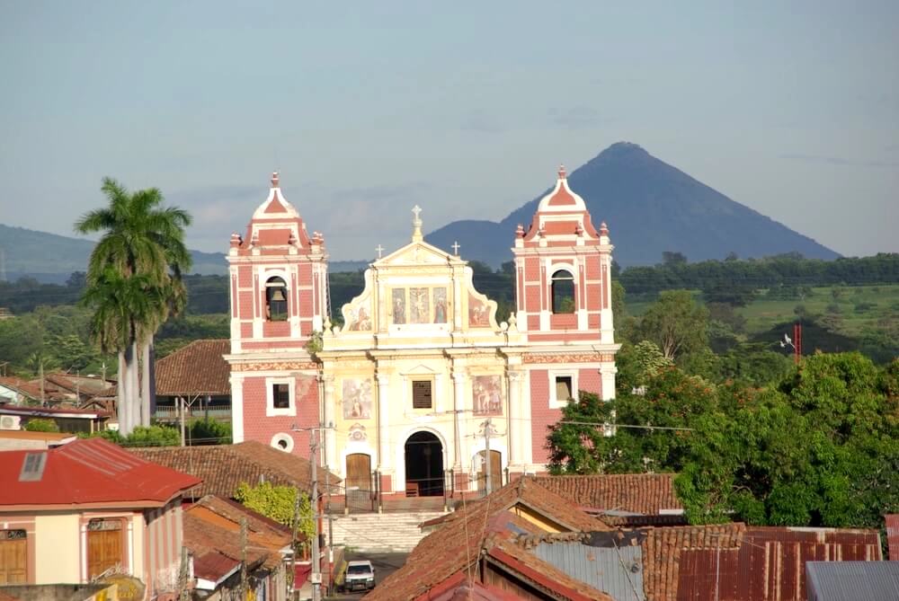 church in front of Volcano in Nicaragua