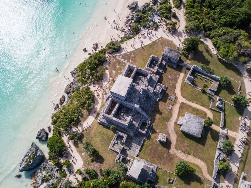 drone view of the Tulum Ruins and beach
