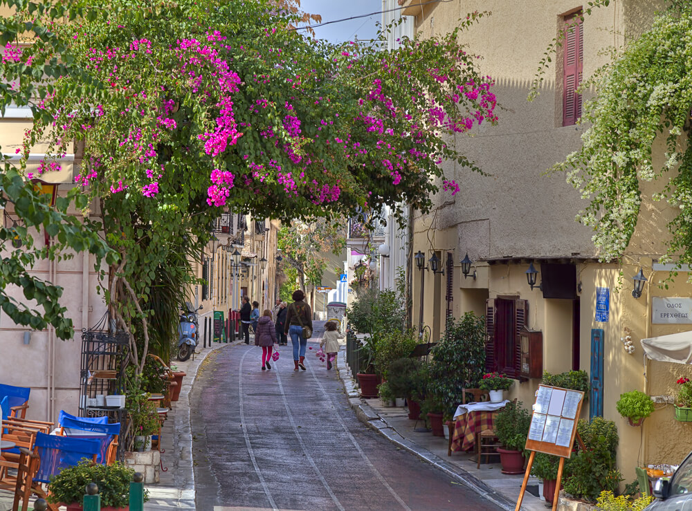 pink flowery street in Athens