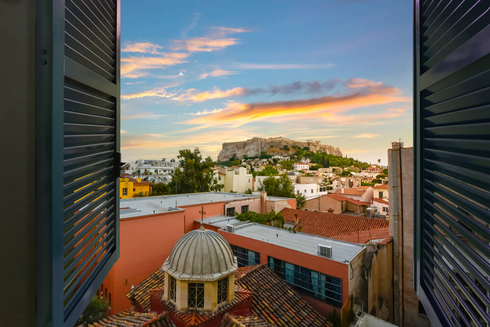 view of ancient Athens from a window