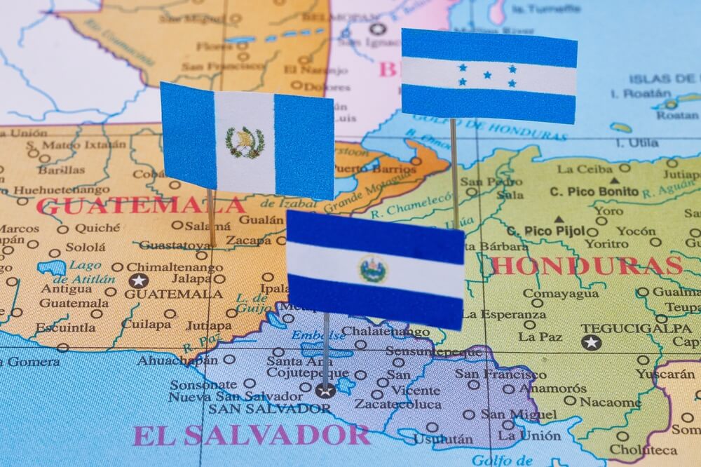 map of Guatemala, Honduras and El Salvador with flags