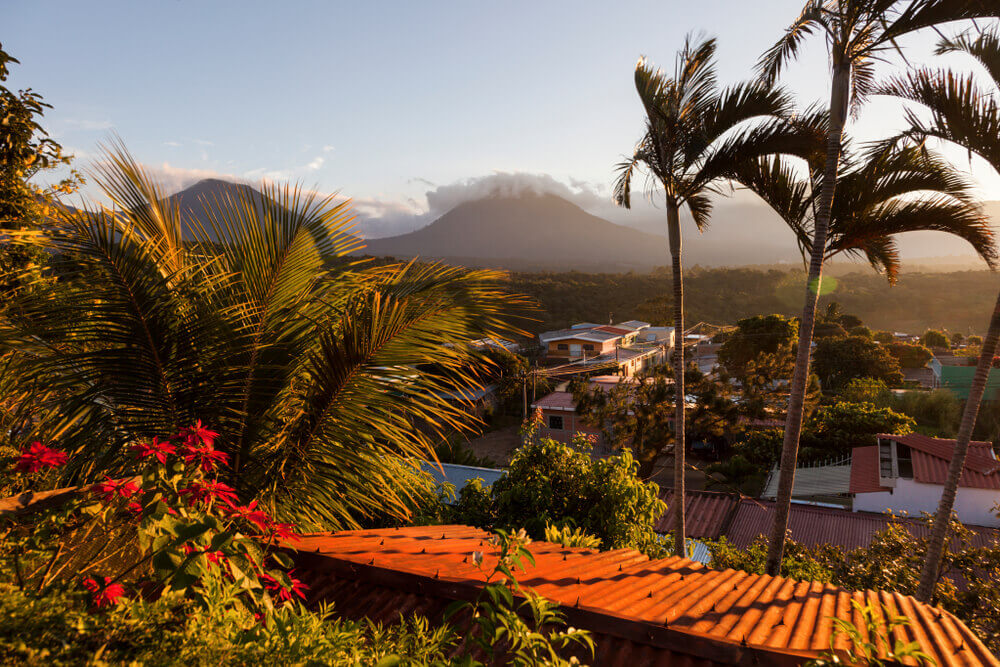 landscape of Honduras with palms and volcanoes 