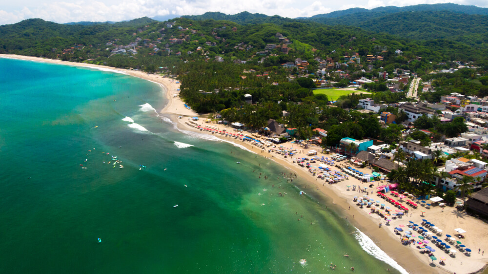 drone of Sayulita beach and hills 