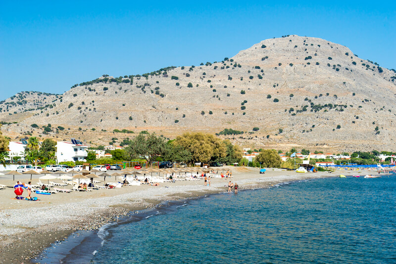 scrubby hills and Lardos beach in Rhodes, Greece