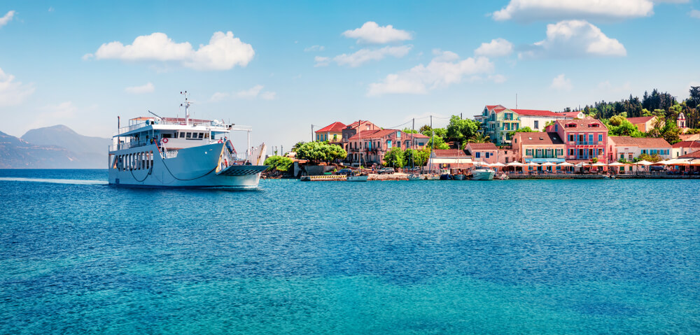 ferry coming into port in Greece