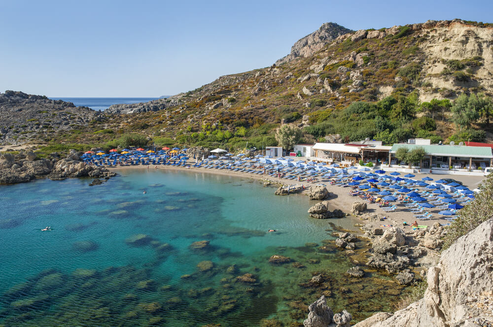 Ladiko Beach and chairs in Anthony Quinn Bay, Rhodes