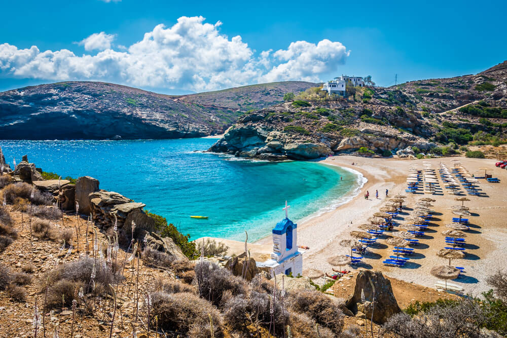 sunbeds on Andros island near Athens