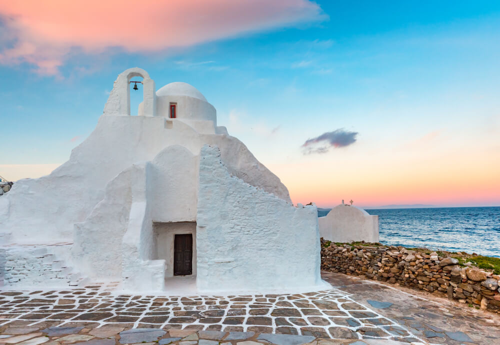 white church and shore of Mykonos island near Athens