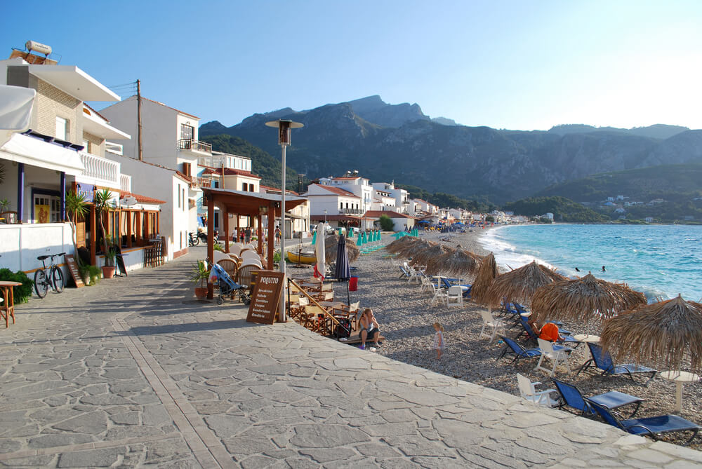 seaside beach and tables in Samos Island Greece