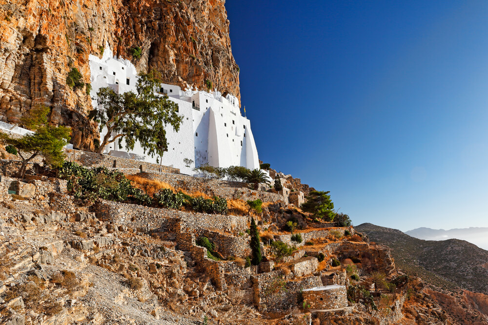 church built into the cliff on Amorgos, Greece