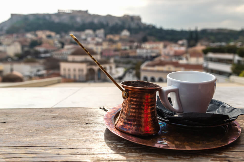 coffee with a view from a rooftop bar in Athens