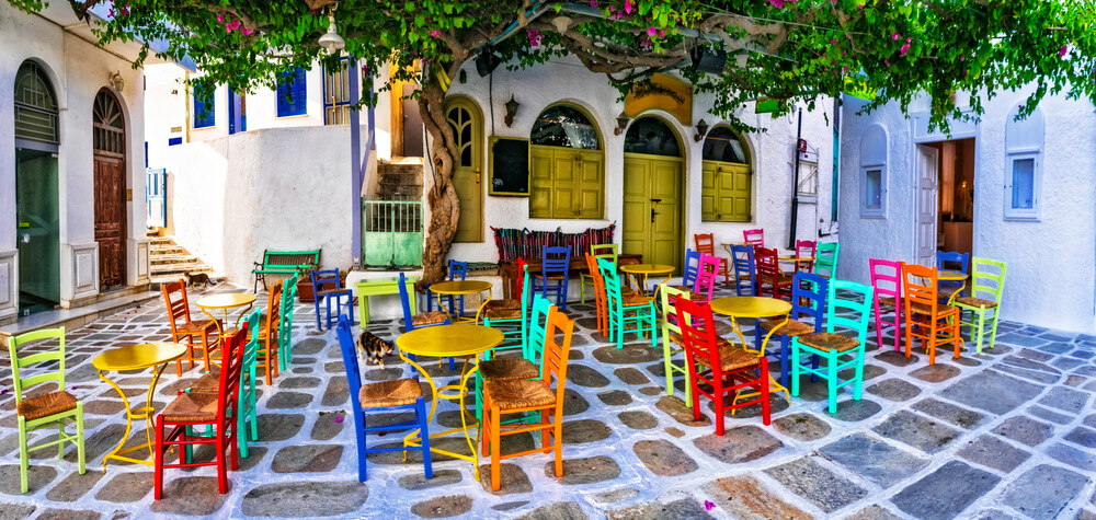 colorful chairs on Ios Greece