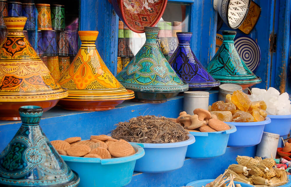 painted tagines and spices in Morocco