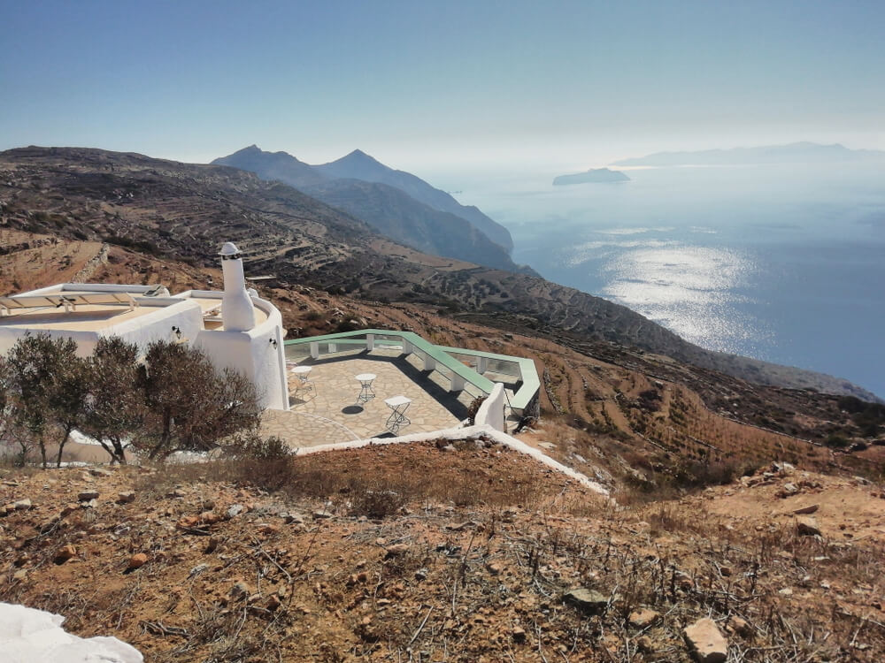 church and view of water on Sikinos