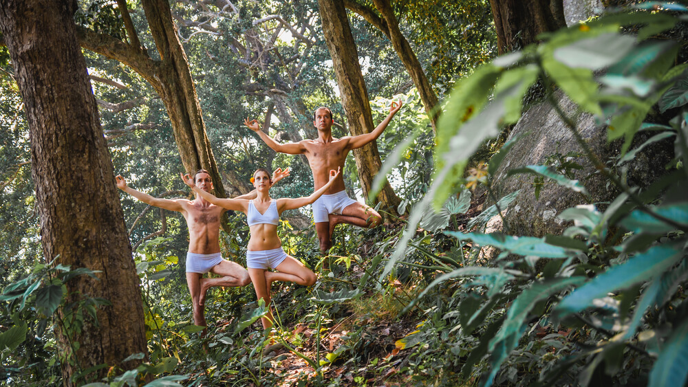 3 people doing yoga in the jungle in Koh Pha Ngan