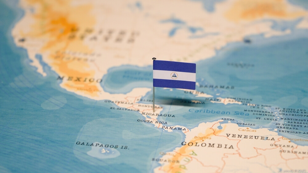 Nicaragua flag on a map with El Salvador 