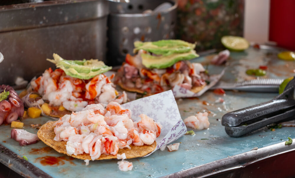 shrimp tostadas a popular street ood in Mexico