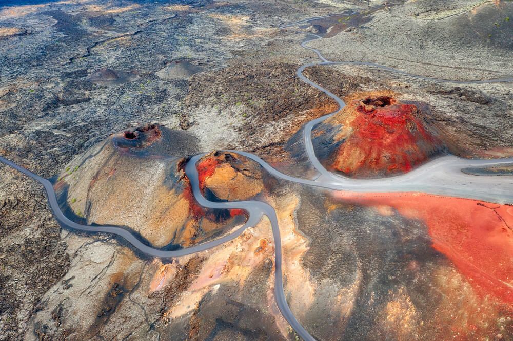 drone view of two Lanzarote Volcanoes