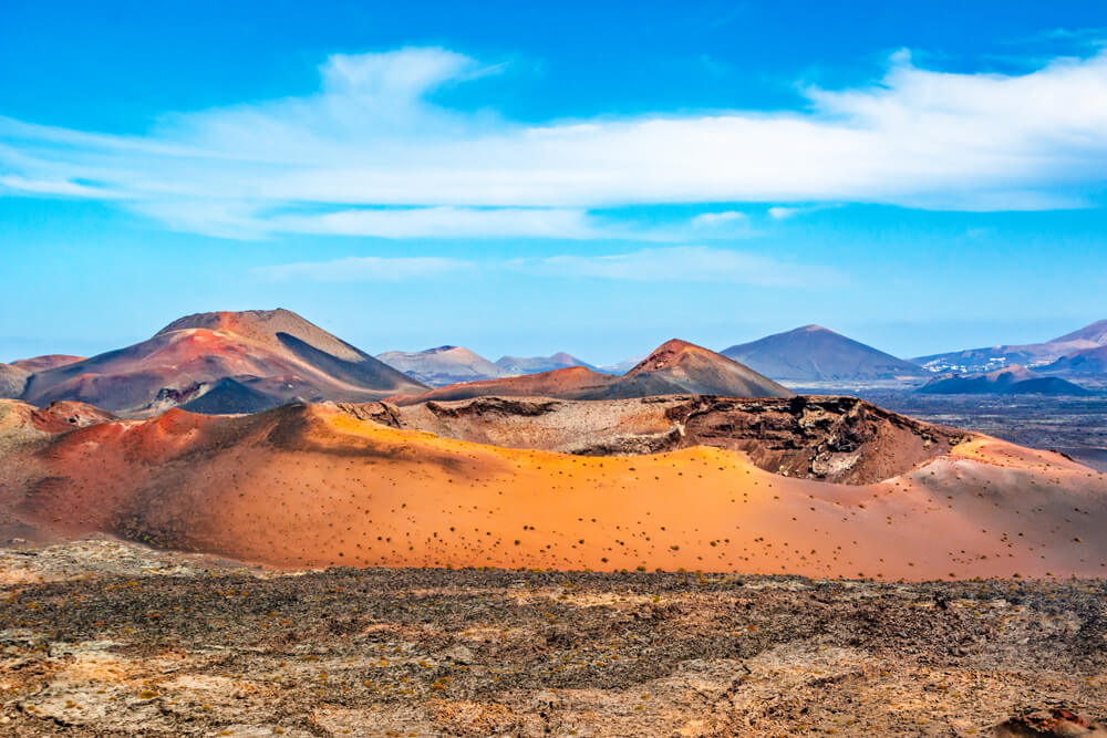 landscape of many volcanoes in Lanzarote