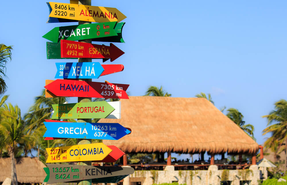 Xcaret Park sign pointing to nearby parks and countries