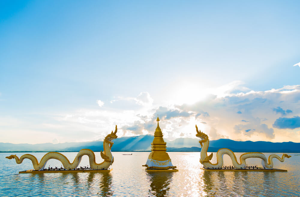 naga statue in water in Phayao