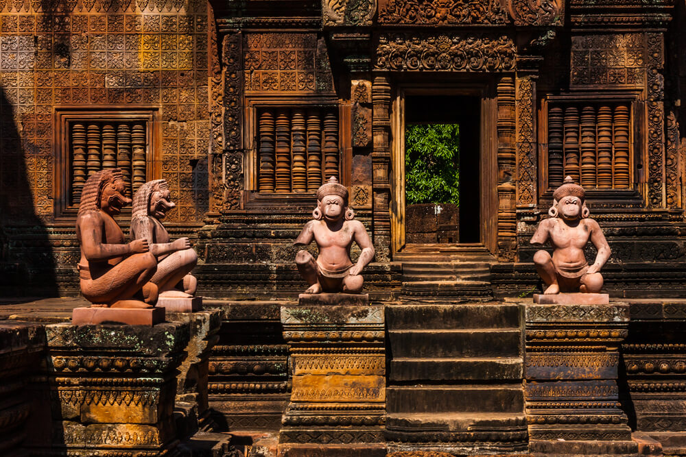 red sandstone carvings of Banteay Srei temple in Cambodia