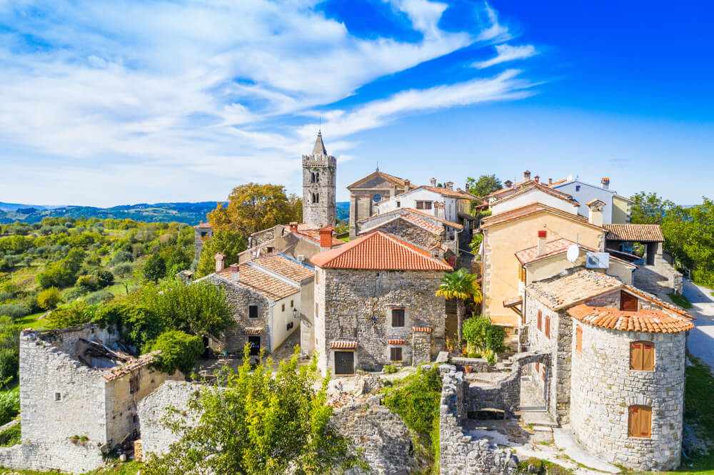 drone view of castle in Hum Croatia