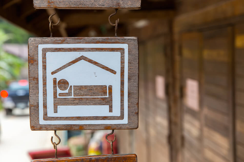 wooden hostel sign in Thailand