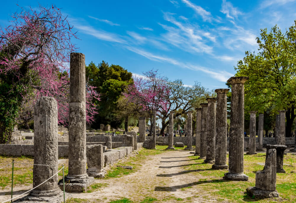 columns and cherry trees in archaeological Site of Olympia