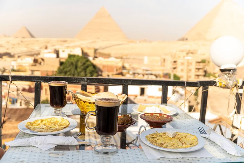 food in Egypt in front of Pyramids