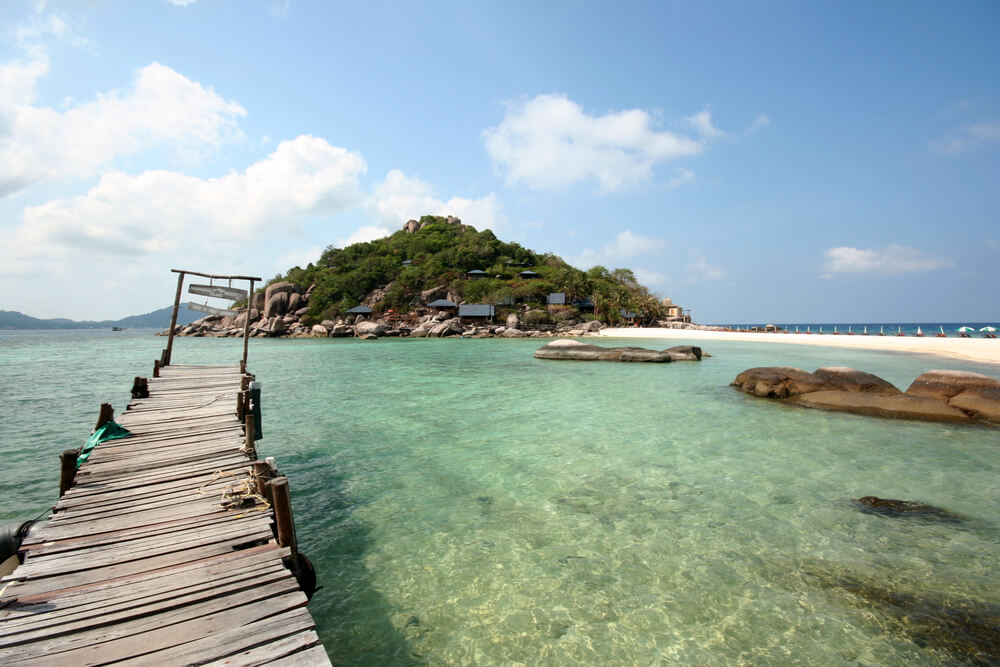 aerial view of boat and palms on the coast of Koh Tao